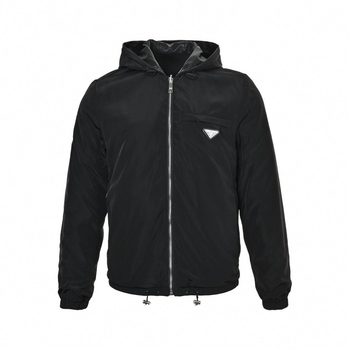Reversible Hooded Jacket – Black Leather & Nylon Dual-Finish