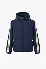 Hooded Nylon Jacket with Signature Stripe – Navy