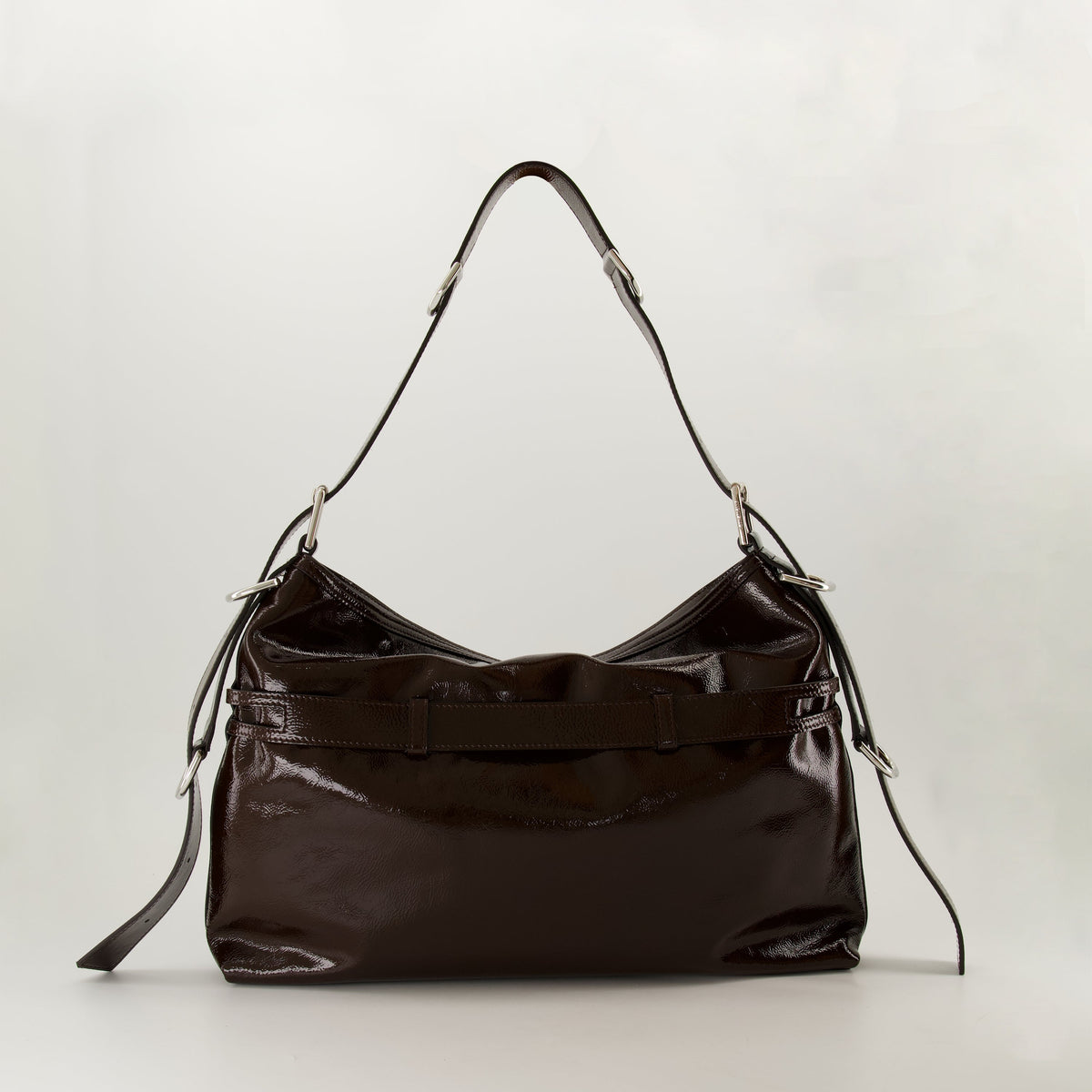 Brown Patent Leather Slouchy Shoulder Bag with Harness Detail