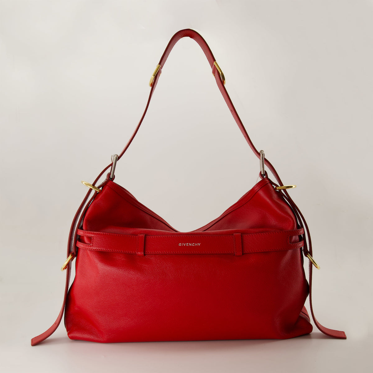 Red Leather Slouchy Shoulder Bag with Harness Detail
