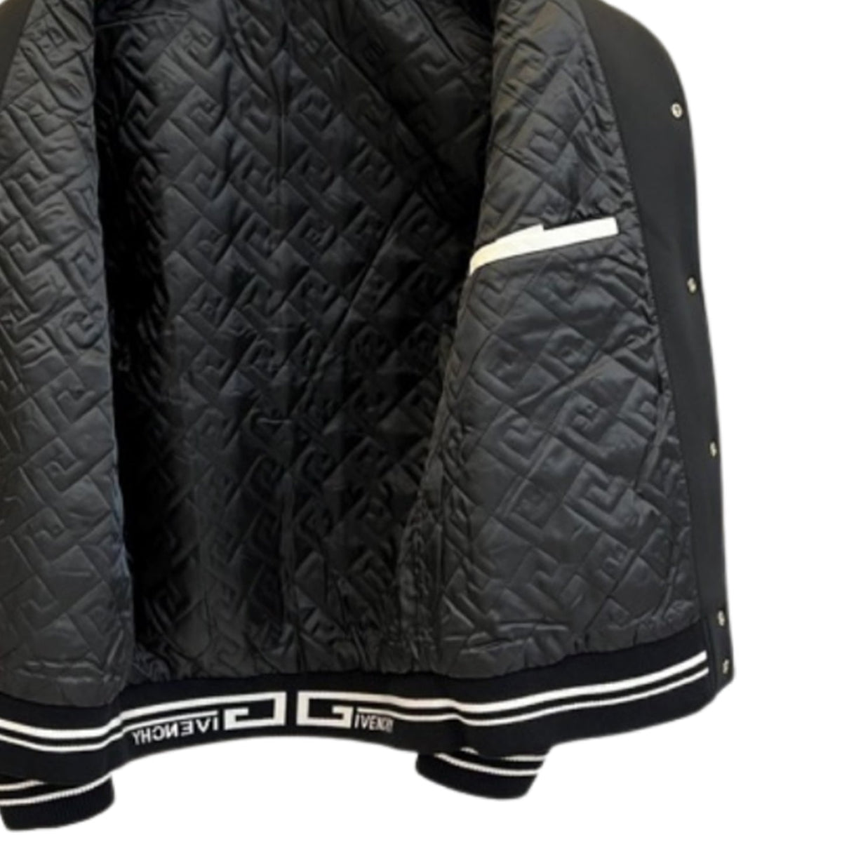 Black & Off-White Varsity Jacket — Leather Sleeves