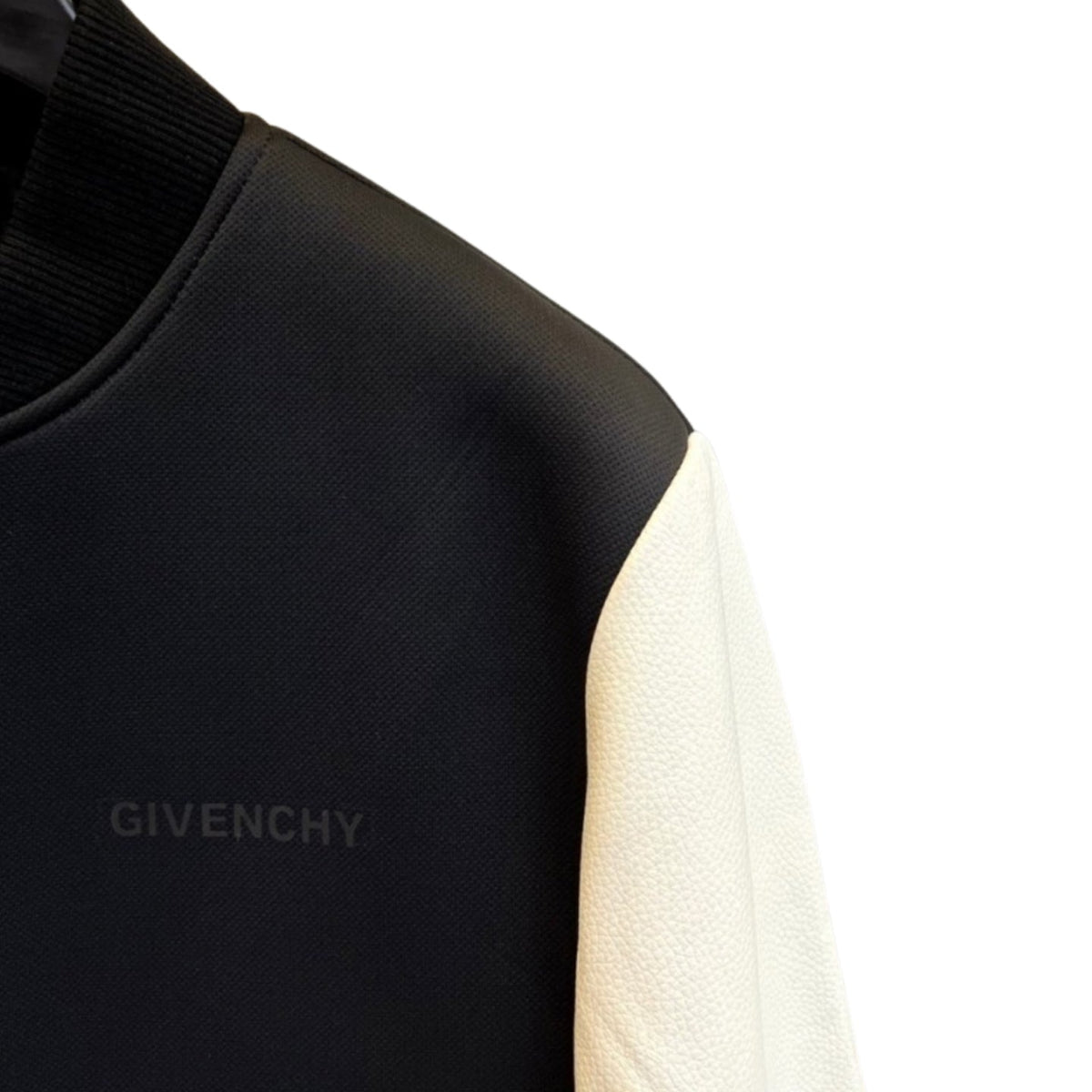 Black & Off-White Varsity Jacket — Leather Sleeves