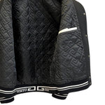 Black & Off-White Varsity Jacket — Leather Sleeves