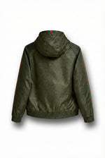 GG Jacquard Hooded Windbreaker Jacket with Web Stripe Sleeves – Olive Green