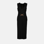 Belted V-Neck Midi Dress with Medallion Detail