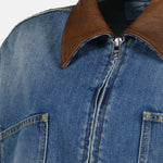 Cropped Denim Jacket with Leather Collar