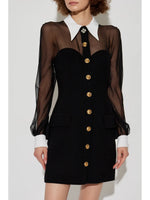 Sheer Sleeve Corset Mini Dress with Contrast Collar