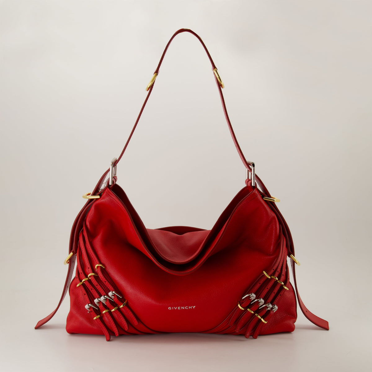 Red Leather Slouchy Shoulder Bag with Harness Detail