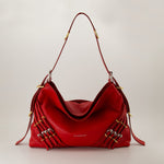 Red Leather Slouchy Shoulder Bag with Harness Detail