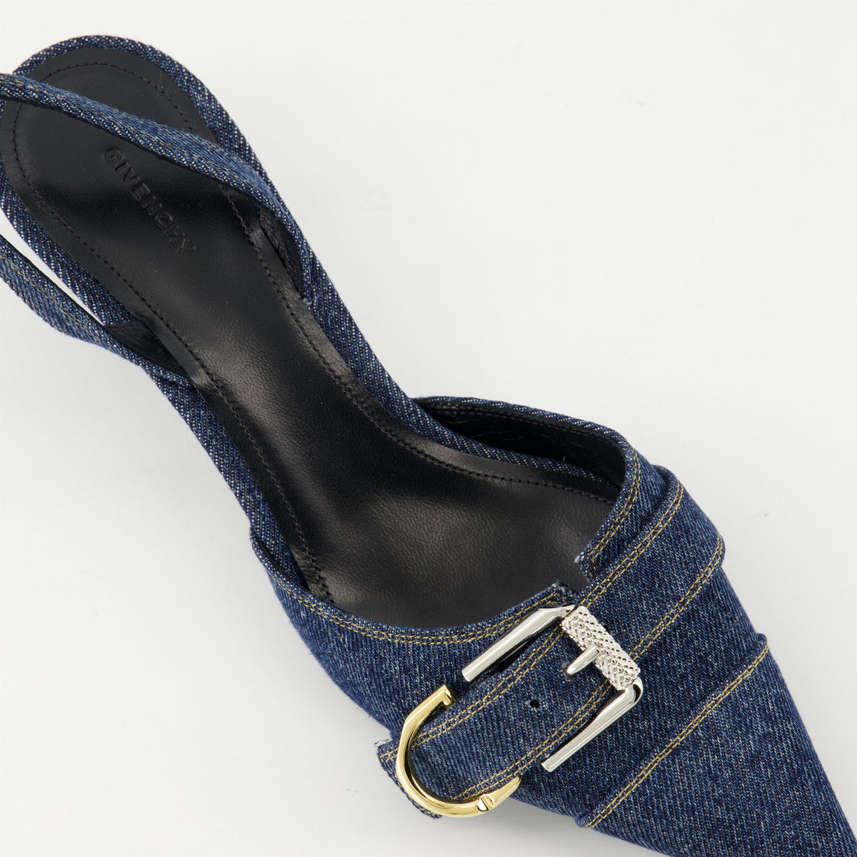 Denim Buckle Slingback Kitten Heels