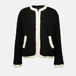 Black Cable-Knit Cardigan with Contrast Trim