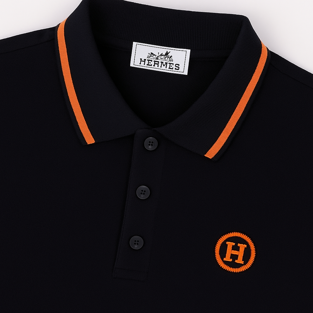 Hermès Black Polo Shirt with Orange Contrast Trim and H Logo