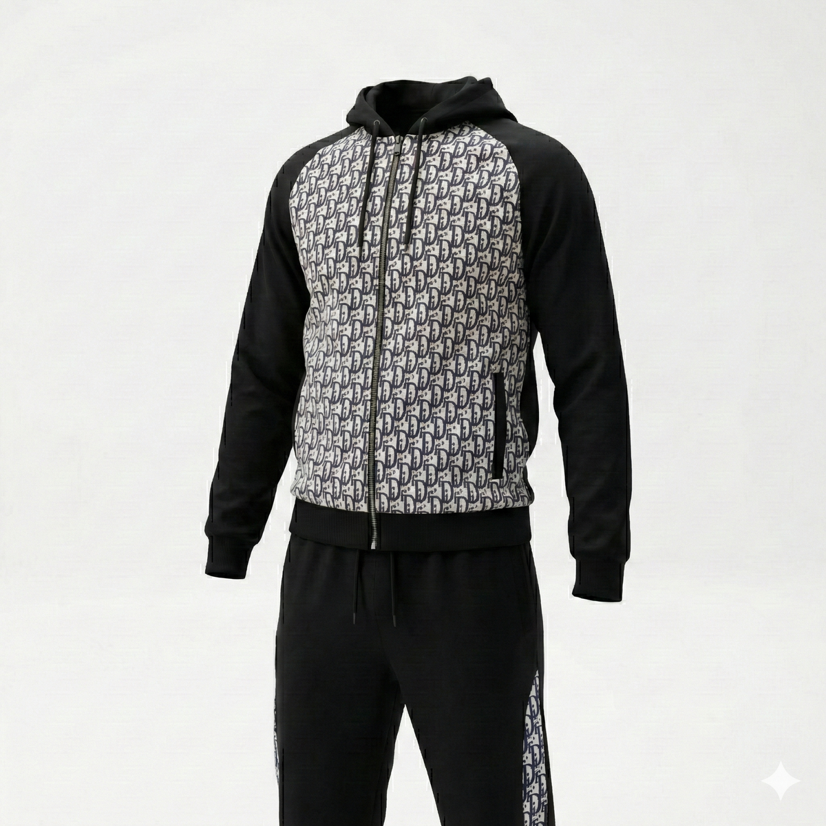 Oblique Hooded Tracksuit in Black with Grey Jacquard Panels