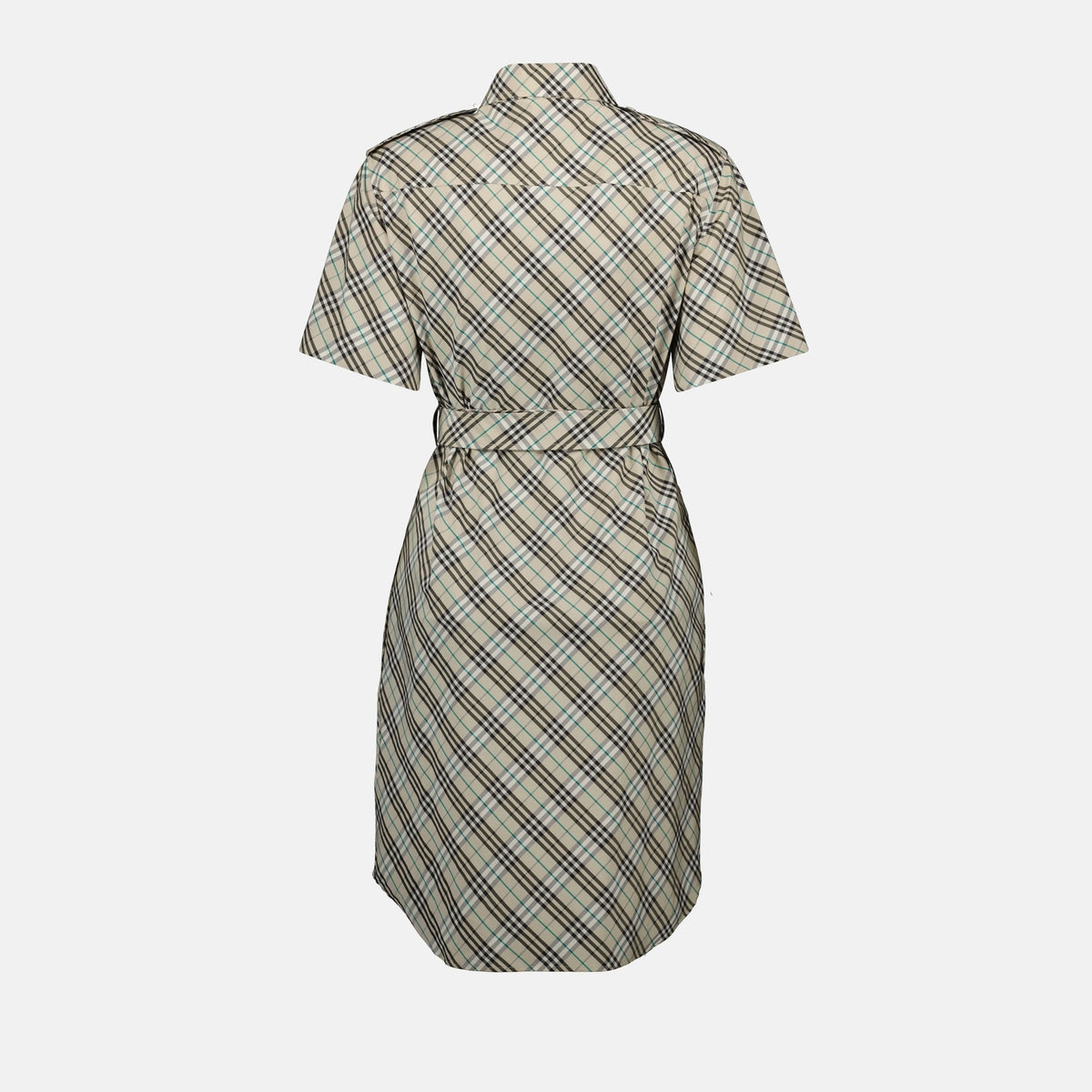 Short Sleeve Check Belted Shirt Dress – Light Beige