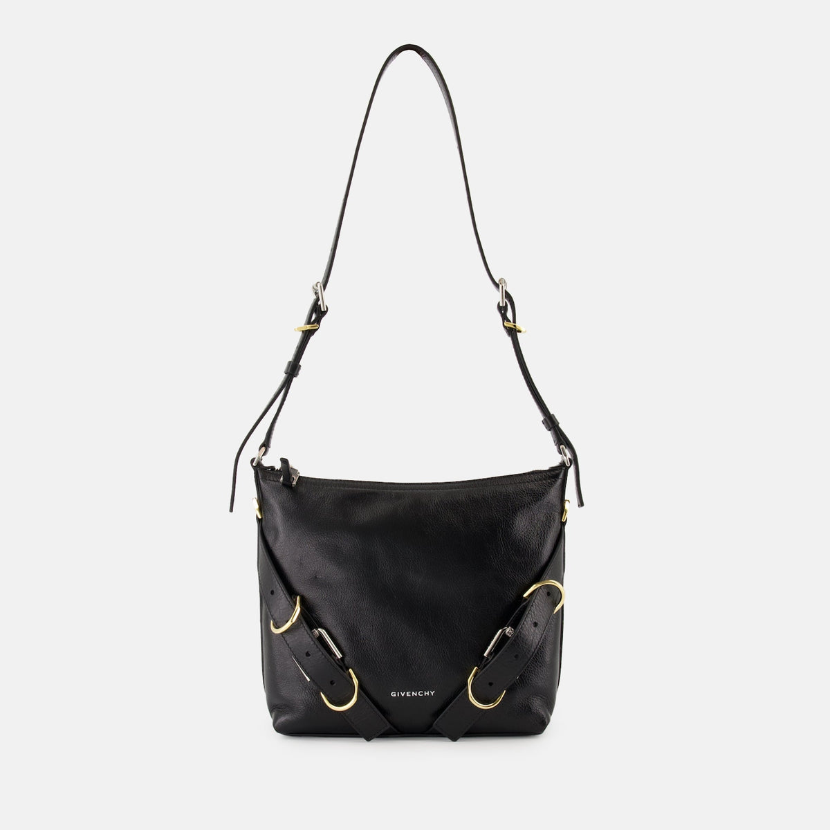Black Leather Shoulder Bag with Strap Detail