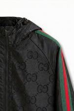 GG Jacquard Hooded Windbreaker Jacket with Web Stripe Sleeves – Black
