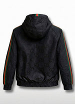 GG Jacquard Hooded Windbreaker Jacket with Web Stripe Sleeves – Black