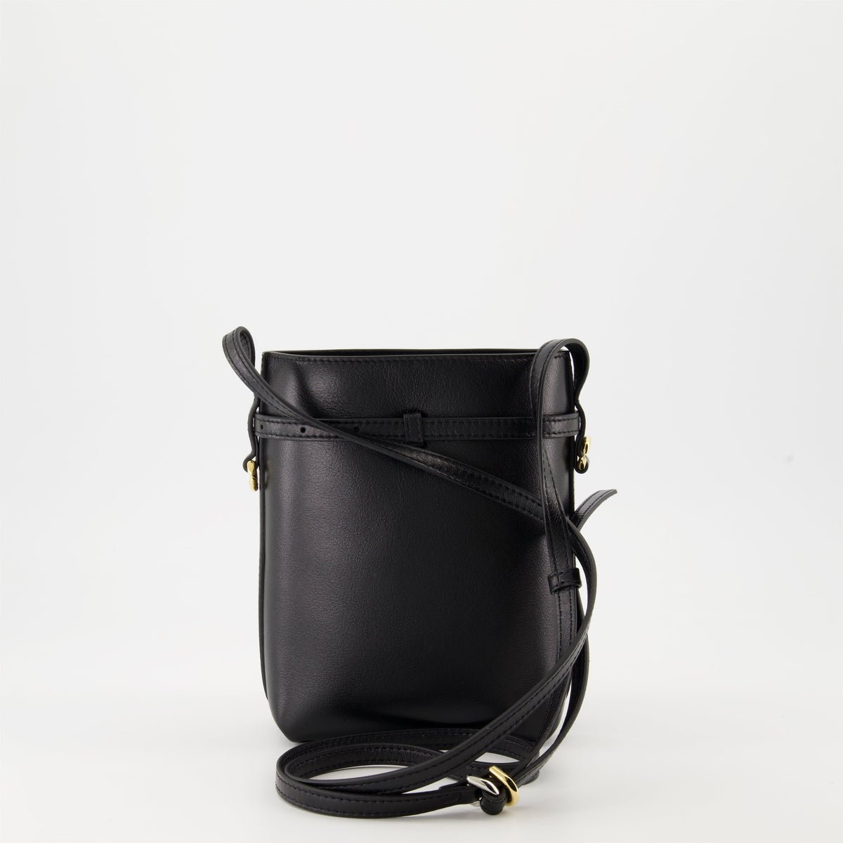 Black Leather Mini Bucket Bag with Belt Detail