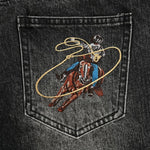 Black Washed Denim Jeans with Monogram & Cowboy Embroidery