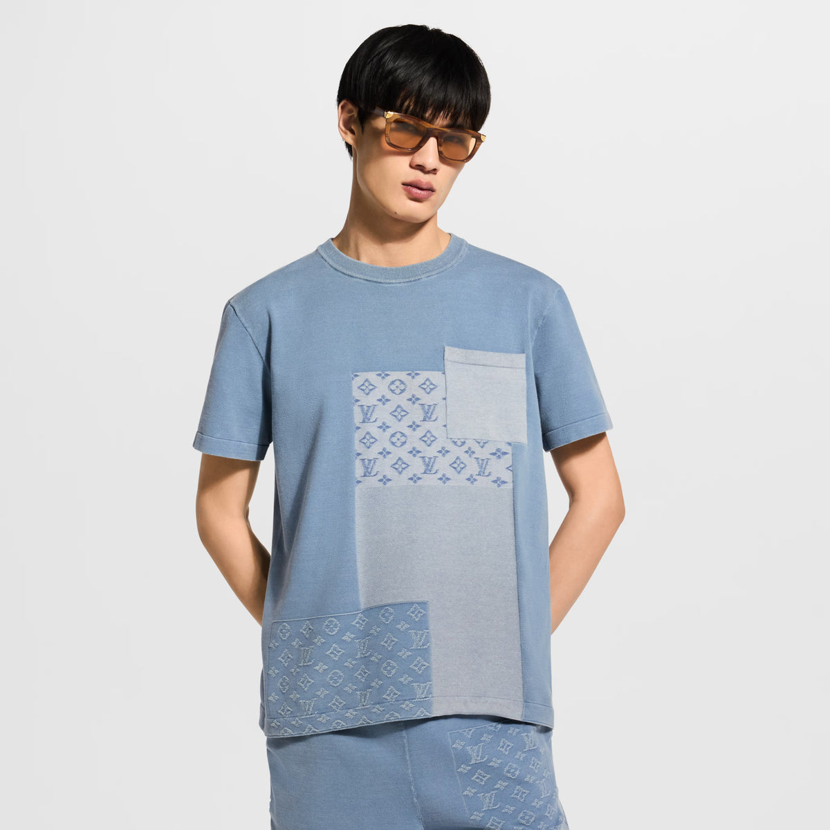 Knitted Patchwork Denim Short-Sleeved Crewneck