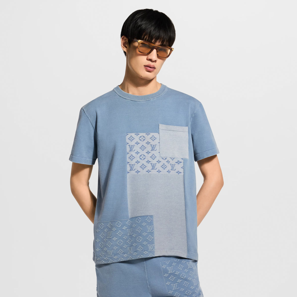Knitted Patchwork Denim Short-Sleeved Crewneck