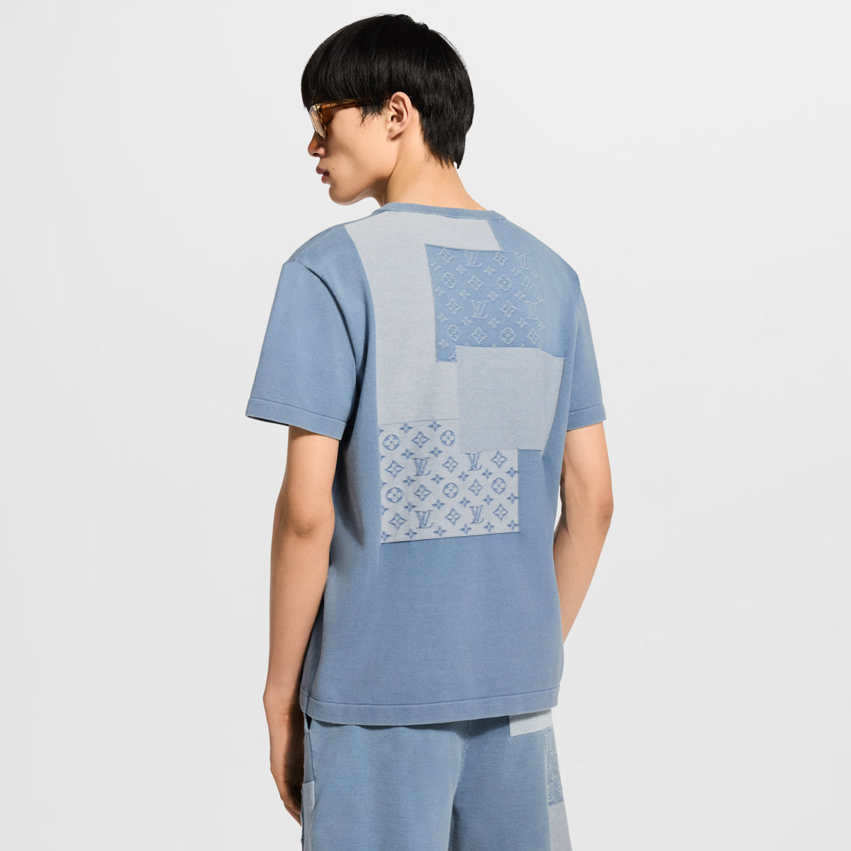 Knitted Patchwork Denim Short-Sleeved Crewneck