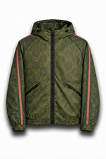 GG Jacquard Hooded Windbreaker Jacket with Web Stripe Sleeves – Olive Green