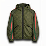GG Jacquard Hooded Windbreaker Jacket with Web Stripe Sleeves – Olive Green