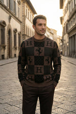Checkered “H” & Horse Motif Wool Sweater